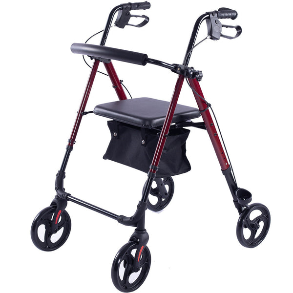 Equipmed 4 Wheel Lightweight Rollator Walker Aluminium Frame Seat Carry Bag For Seniors Red Walkers & Canes