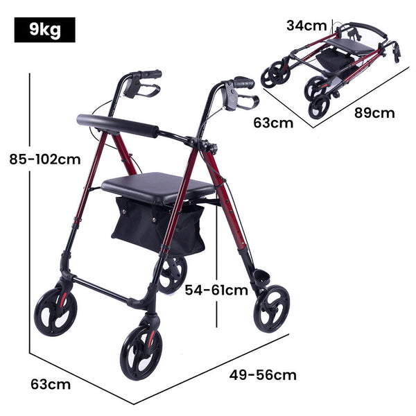 Equipmed 4 Wheel Lightweight Rollator Walker Aluminium Frame Seat Carry Bag For Seniors Red Walkers & Canes