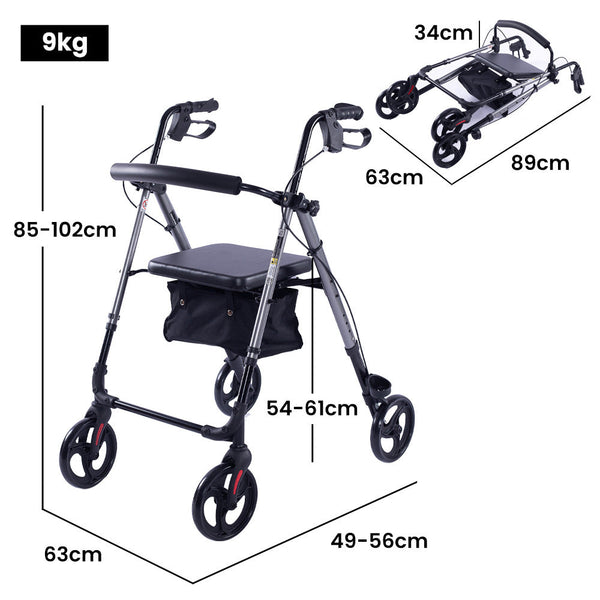 Equipmed 4 Wheel Lightweight Rollator Walker Aluminium Frame Seat Carry Bag For Seniors Titanium Style Walkers & Canes