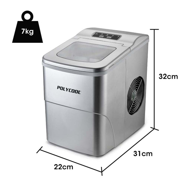Polycool 12Kg Electric Ice Cube Maker Portable 2L Automatic Machine, Silver
