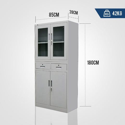 Fortia 4-Door Lockable Steel Stationary Storage Cabinet, Display Windows, 2 Drawers, Grey