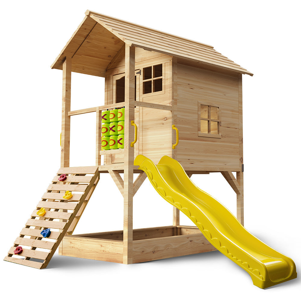 Rovo Kids Tower Cubby House With Slide Sandpit Climbing Wall Noughts & Crosses Natural Colour Cubby Houses