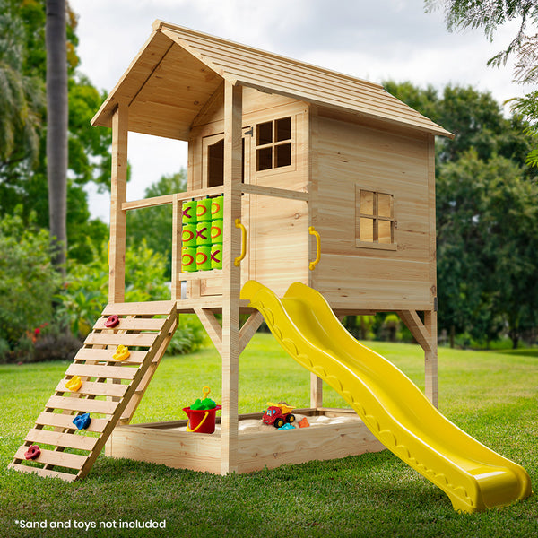 Rovo Kids Wooden Tower Cubby House With Slide, Sandpit, Climbing Wall, Noughts & Crosses, Natural Colour