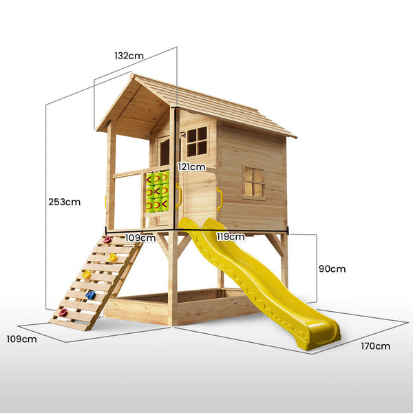 Rovo Kids Tower Cubby House With Slide Sandpit Climbing Wall Noughts & Crosses Natural Colour Cubby Houses