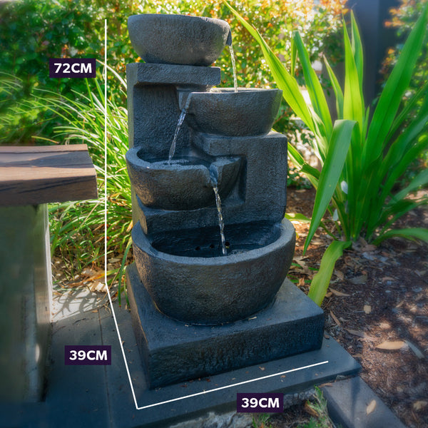 Protege Solar Fountain Water Feature Outdoor 4 Bowl With Led Lights Charcoal Outdoor Fountains
