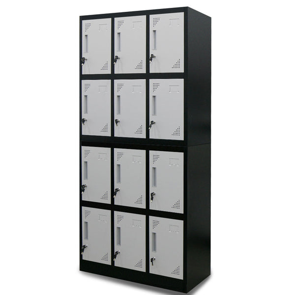 Fortia 12 Door Metal Storage Locker Cabinet Gym Office Lockers Compartment Black & Light Grey Cabinets & Cupboards