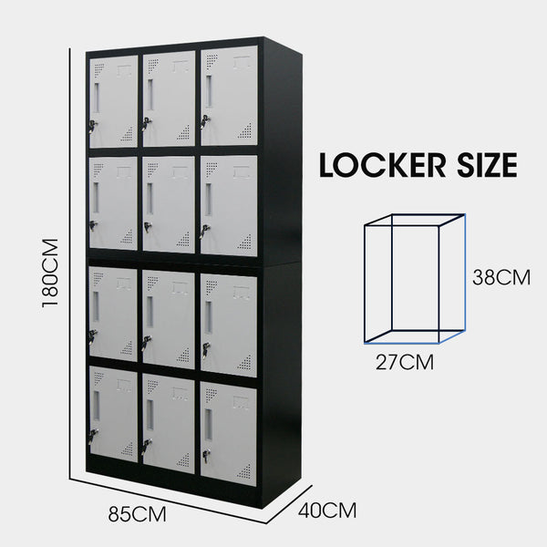 Fortia 12 Door Metal Storage Locker Cabinet Gym Office Lockers Compartment Black & Light Grey Cabinets & Cupboards
