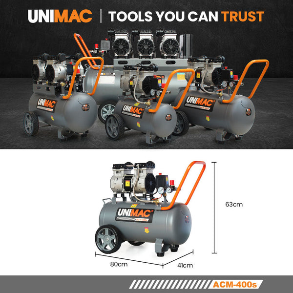 Unimac 50L 3.0Hp Silent Oil Free Electric Air Compressor Portable Twin Nitto Outlets Air Compressors
