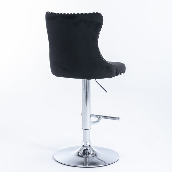 4X Height Swivel Bar Stool Velvet Studs Barstool With Footrest And Chromed Base Black Benches Bar Stools
