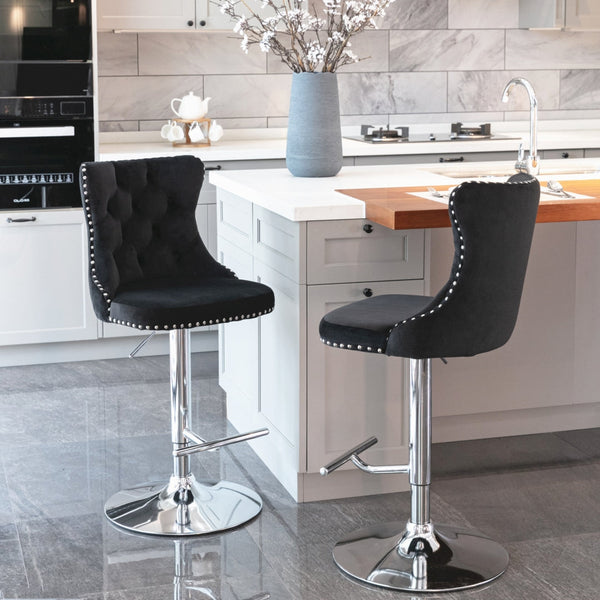 4X Height Swivel Bar Stool Velvet Studs Barstool With Footrest And Chromed Base Black Benches Bar Stools