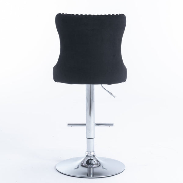 4X Height Swivel Bar Stool Velvet Studs Barstool With Footrest And Chromed Base Black Benches Bar Stools