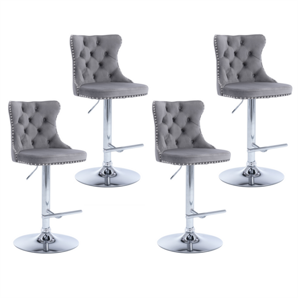 4X Height Swivel Bar Stool Velvet Stud Barstool With Footrest And Chromed Base Gray Benches Bar Stools