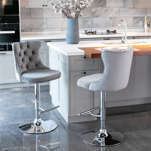 4X Height Swivel Bar Stool Velvet Stud Barstool With Footrest And Chromed Base Gray Benches Bar Stools