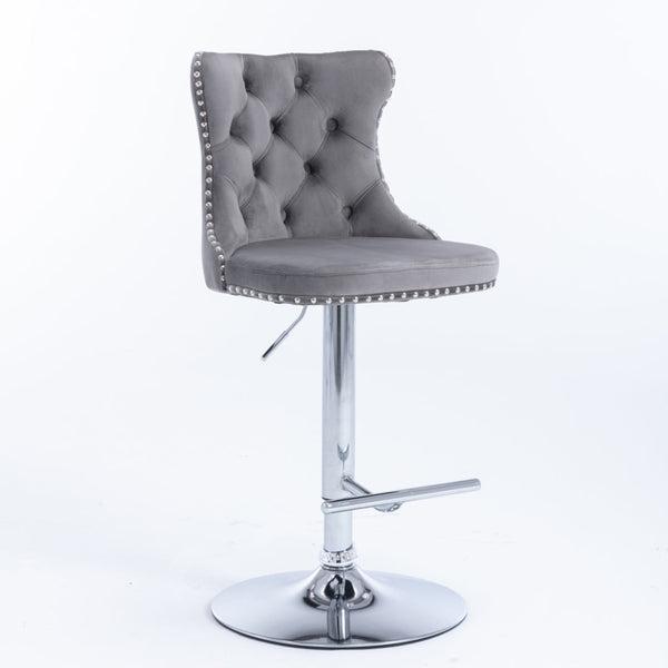 4X Height Swivel Bar Stool Velvet Stud Barstool With Footrest And Chromed Base Gray Benches Bar Stools