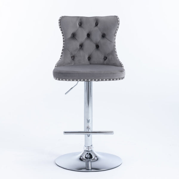 4X Height Swivel Bar Stool Velvet Stud Barstool With Footrest And Chromed Base Gray Benches Bar Stools