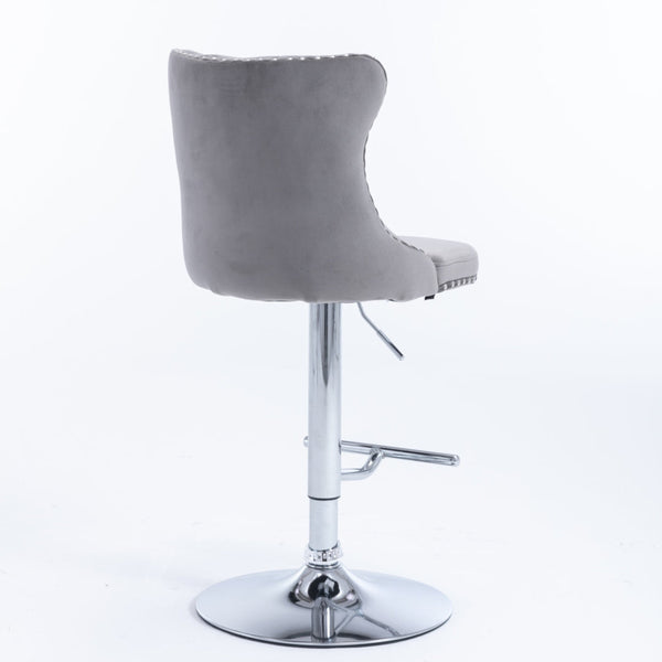 4X Height Swivel Bar Stool Velvet Stud Barstool With Footrest And Chromed Base Gray Benches Bar Stools