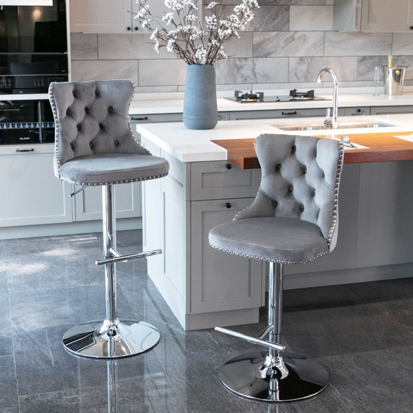 4X Height Swivel Bar Stool Velvet Stud Barstool With Footrest And Chromed Base Gray Benches Bar Stools