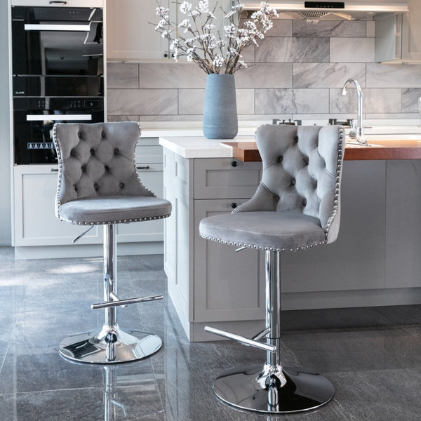 4X Height Swivel Bar Stool Velvet Stud Barstool With Footrest And Chromed Base Gray Benches Bar Stools