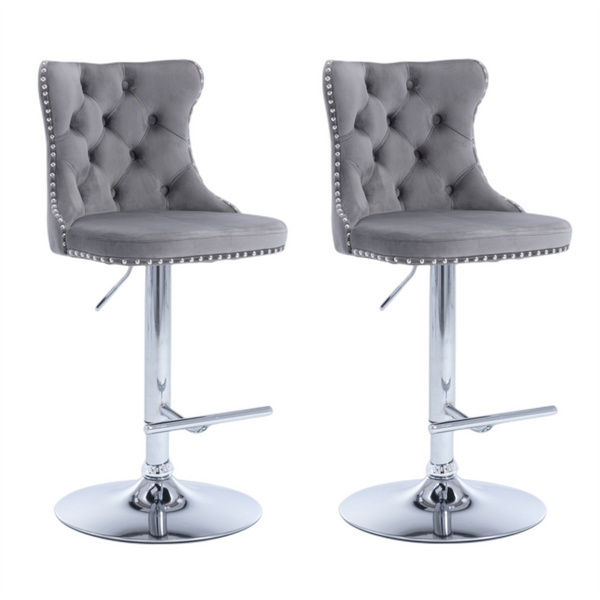 2X Height Swivel Bar Stool Velvet Stud Barstool With Footrest And Chromed Base Gray Benches Bar Stools