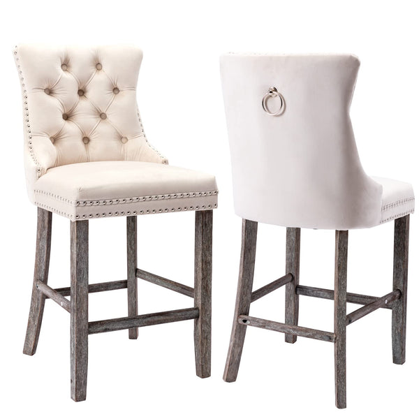 2X Velvet Bar Stools With Studs Trim Wooden Legs Tufted Dining Chairs Kitchen Se