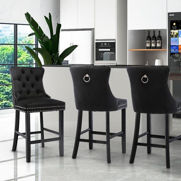 2X Velvet Bar Stools With Studs Trim Wooden Legs Tufted Dining Chairs Kitchen Benches Bar Stools