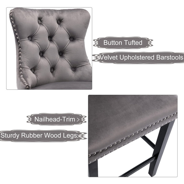 2X Velvet Bar Stools With Studs Trim Wooden Legs Tufted Dining Chairs Kitchen Benches Bar Stools