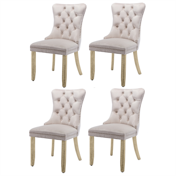 4X Velvet Upholstered Tufted Kithcen With Solid Wood Legs Stud Trim And Ring Beige Dining Chairs