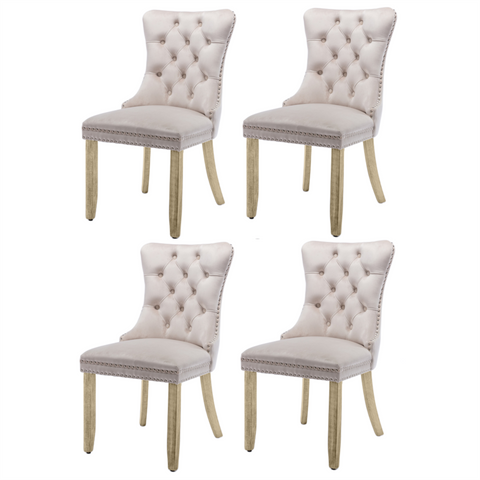 4X Velvet Dining Chairs Upholstered Tufted Kithcen With Solid Wood Legs Stud Trim And Ring-Beige