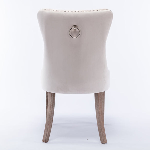 4X Velvet Upholstered Tufted Kithcen With Solid Wood Legs Stud Trim And Ring Beige Dining Chairs
