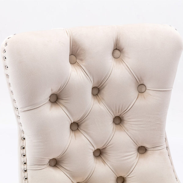 4X Velvet Upholstered Tufted Kithcen With Solid Wood Legs Stud Trim And Ring Beige Dining Chairs