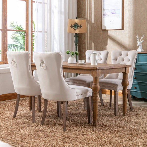 4X Velvet Upholstered Tufted Kithcen With Solid Wood Legs Stud Trim And Ring Beige Dining Chairs