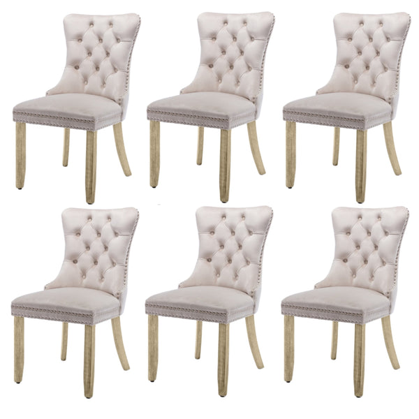 6X Velvet Upholstered Tufted Kithcen With Solid Wood Legs Stud Trim And Ring Beige Dining Chairs
