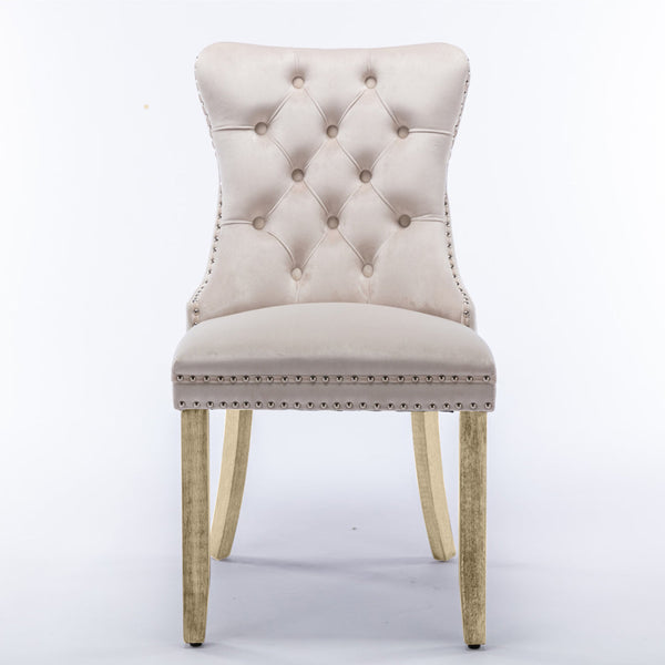 6X Velvet Upholstered Tufted Kithcen With Solid Wood Legs Stud Trim And Ring Beige Dining Chairs