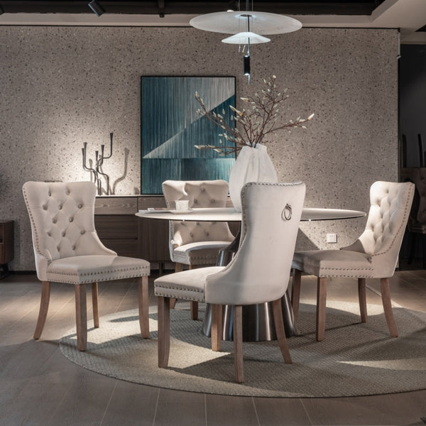 6X Velvet Upholstered Tufted Kithcen With Solid Wood Legs Stud Trim And Ring Beige Dining Chairs
