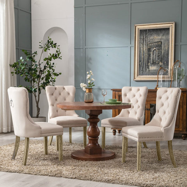 6X Velvet Upholstered Tufted Kithcen With Solid Wood Legs Stud Trim And Ring Beige Dining Chairs