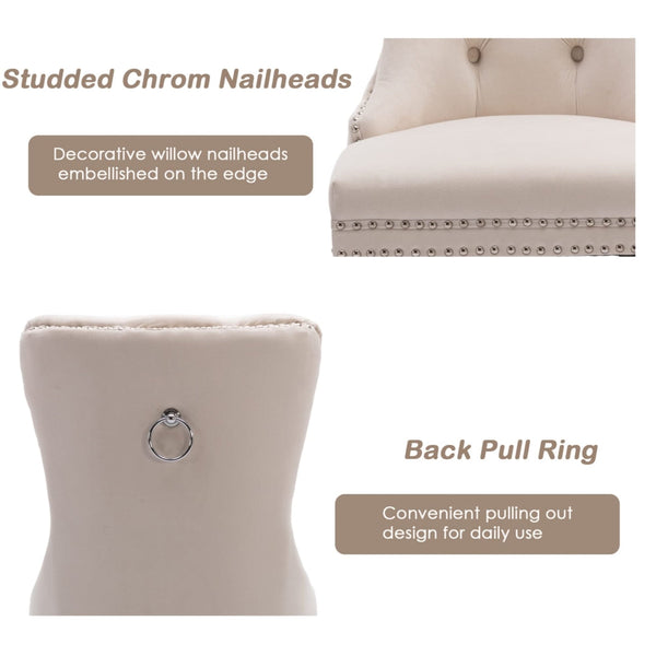 6X Velvet Upholstered Tufted Kithcen With Solid Wood Legs Stud Trim And Ring Beige Dining Chairs