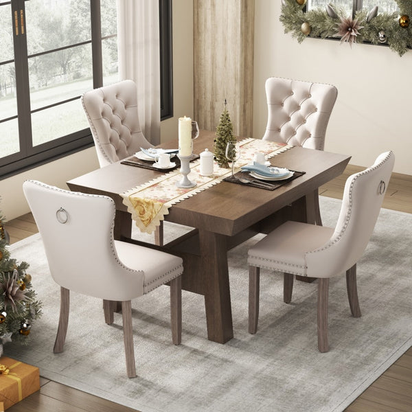 6X Velvet Upholstered Tufted Kithcen With Solid Wood Legs Stud Trim And Ring Beige Dining Chairs