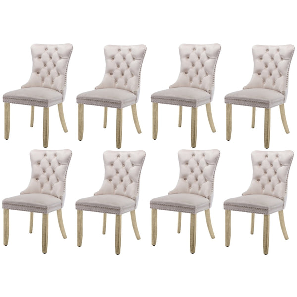 8X Velvet Upholstered Tufted Kithcen With Solid Wood Legs Stud Trim And Ring Beige Dining Chairs