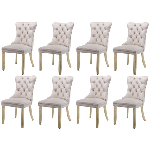 8X Velvet Upholstered Tufted Kithcen With Solid Wood Legs Stud Trim And Ring Beige Dining Chairs