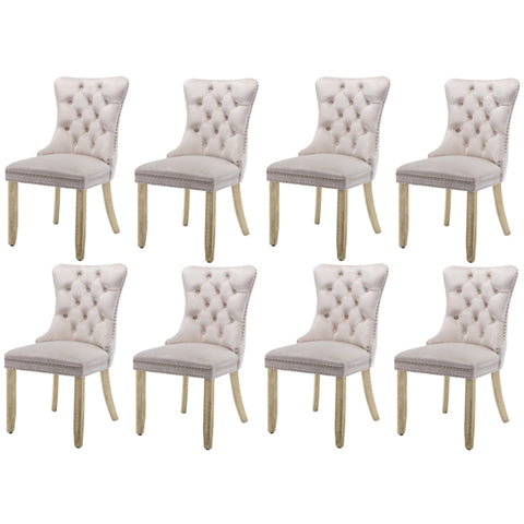 8X Velvet Dining Chairs Upholstered Tufted Kithcen With Solid Wood Legs Stud Trim And Ring-Beige