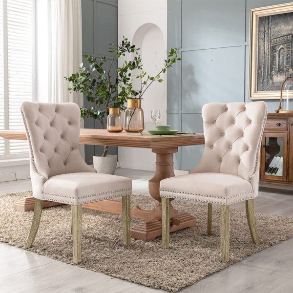 8X Velvet Upholstered Tufted Kithcen With Solid Wood Legs Stud Trim And Ring Beige Dining Chairs