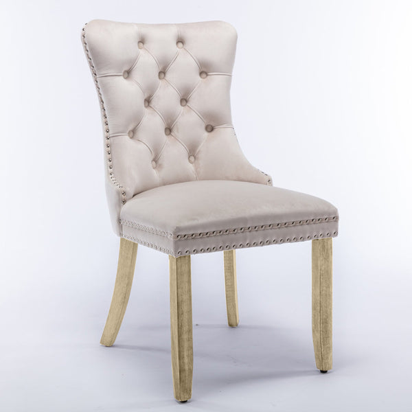 8X Velvet Upholstered Tufted Kithcen With Solid Wood Legs Stud Trim And Ring Beige Dining Chairs