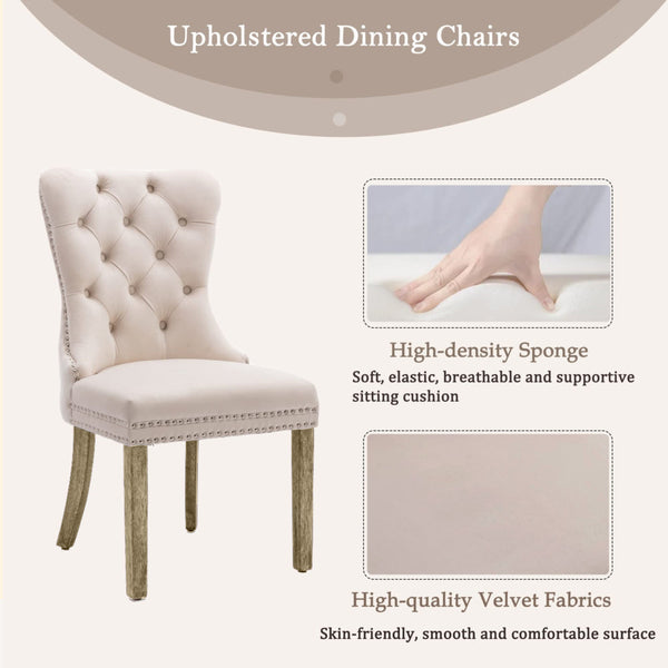 8X Velvet Upholstered Tufted Kithcen With Solid Wood Legs Stud Trim And Ring Beige Dining Chairs