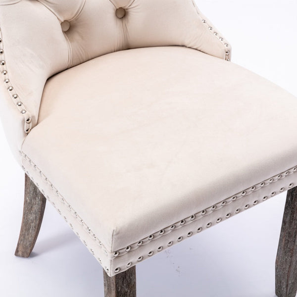 8X Velvet Upholstered Tufted Kithcen With Solid Wood Legs Stud Trim And Ring Beige Dining Chairs