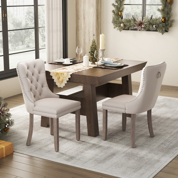 8X Velvet Upholstered Tufted Kithcen With Solid Wood Legs Stud Trim And Ring Beige Dining Chairs