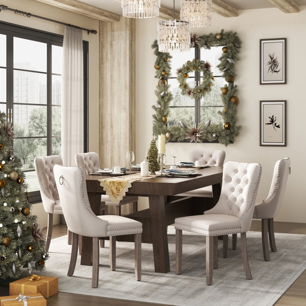 8X Velvet Upholstered Tufted Kithcen With Solid Wood Legs Stud Trim And Ring Beige Dining Chairs