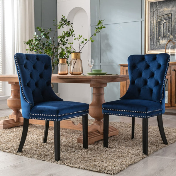 4X Velvet Dining Chairs Upholstered Tufted Kithcen With Solid Wood Legs Stud Trim And Ring-Blue