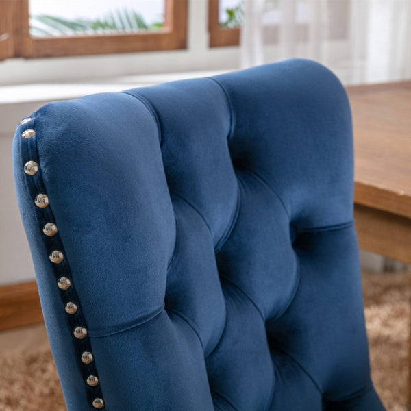 4X Velvet Dining Chairs Upholstered Tufted Kithcen With Solid Wood Legs Stud Trim And Ring-Blue