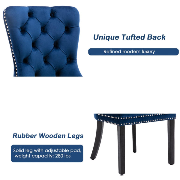 2X Velvet Dining Chairs Upholstered Tufted Kithcen With Solid Wood Legs Stud Trim And Ring-Blue