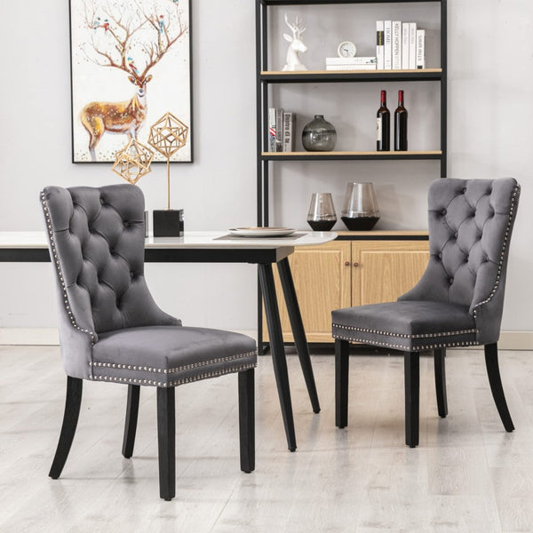 4X Velvet Dining Chairs Upholstered Tufted Kithcen With Solid Wood Legs Stud Trim And Ring-Gray